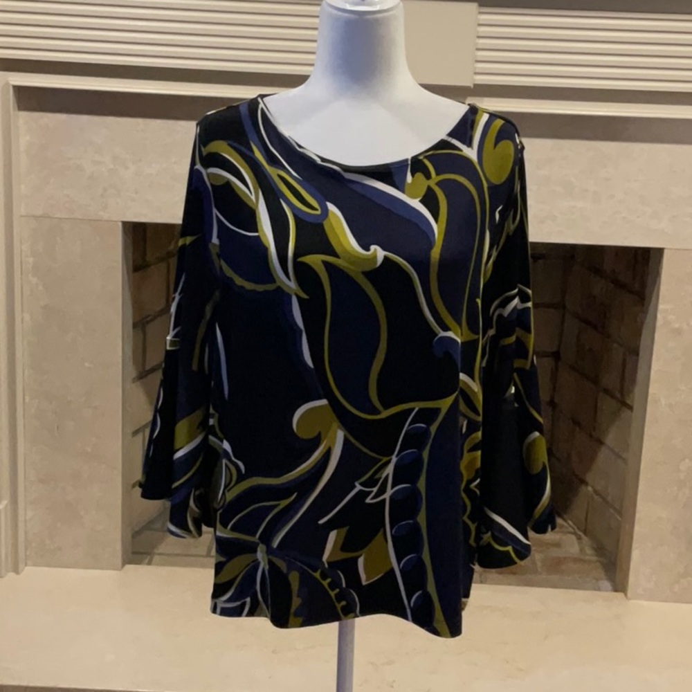 Chico’s Elegant Black,Gold, Blue, Ecru, Multi Blouse. Like New.